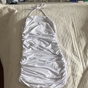 White Ruched Halter Bodycon Dress